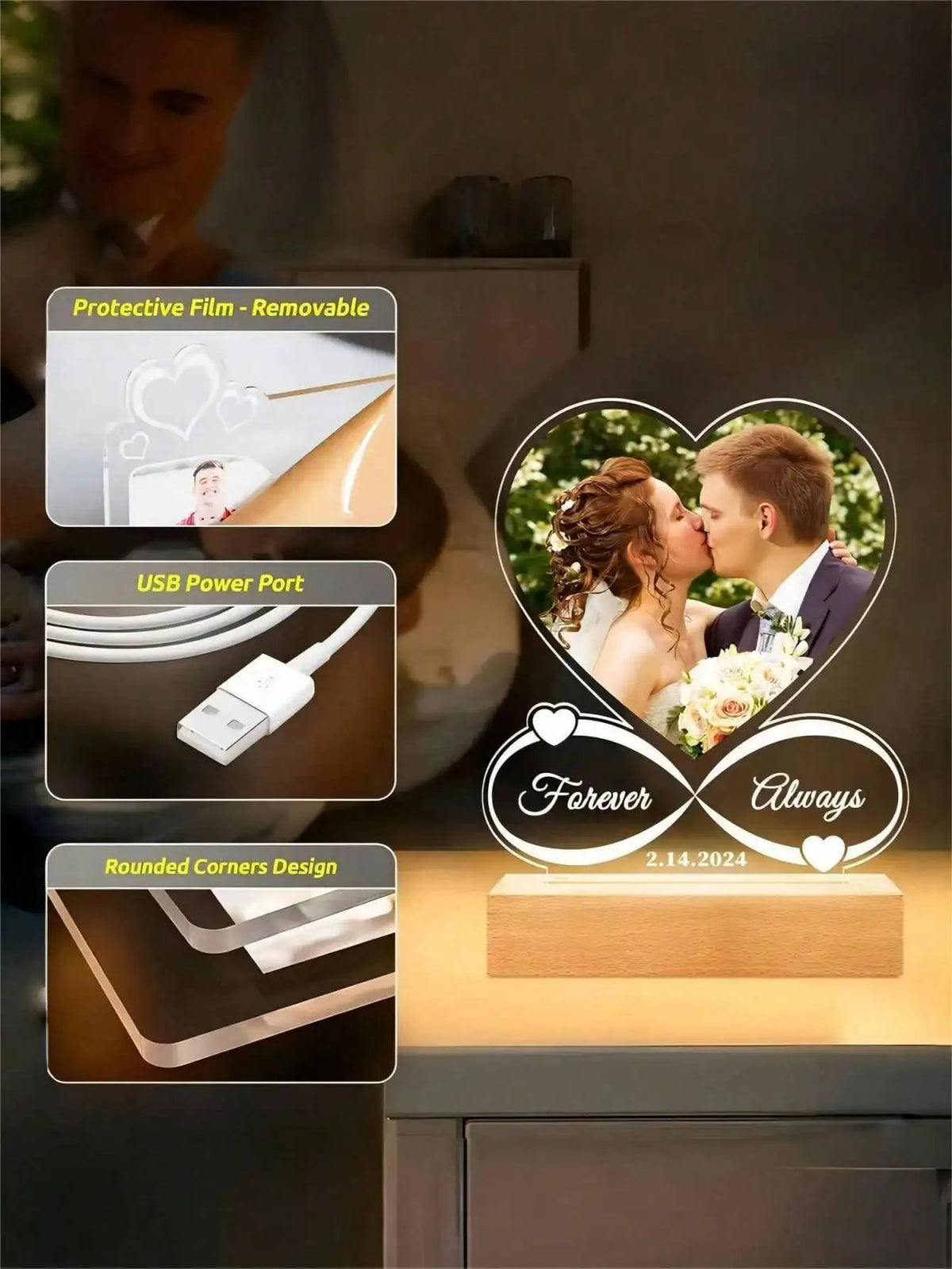 A custom acrylic heart photo frame featuring a couple, showcasing protective film, USB power port, and rounded corners.