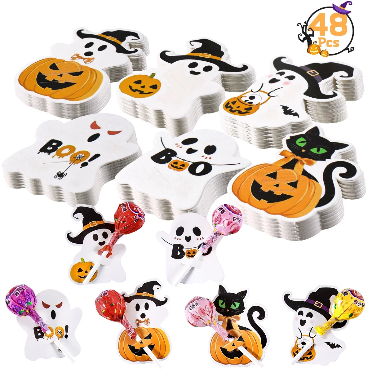 A collection of 48 Halloween-themed ghost and pumpkin pattern lollipop holder cards in white and black.