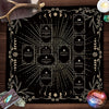 A black altar cloth featuring a Celtic cross design with various numbered sections for tarot and divination tools.