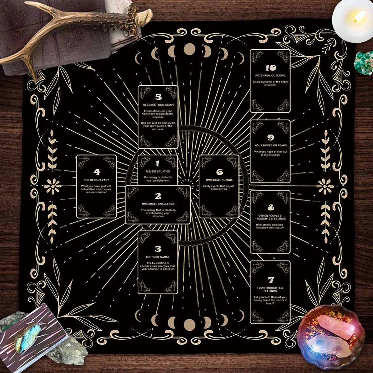 A black altar cloth featuring a Celtic cross design with various numbered sections for tarot and divination tools.