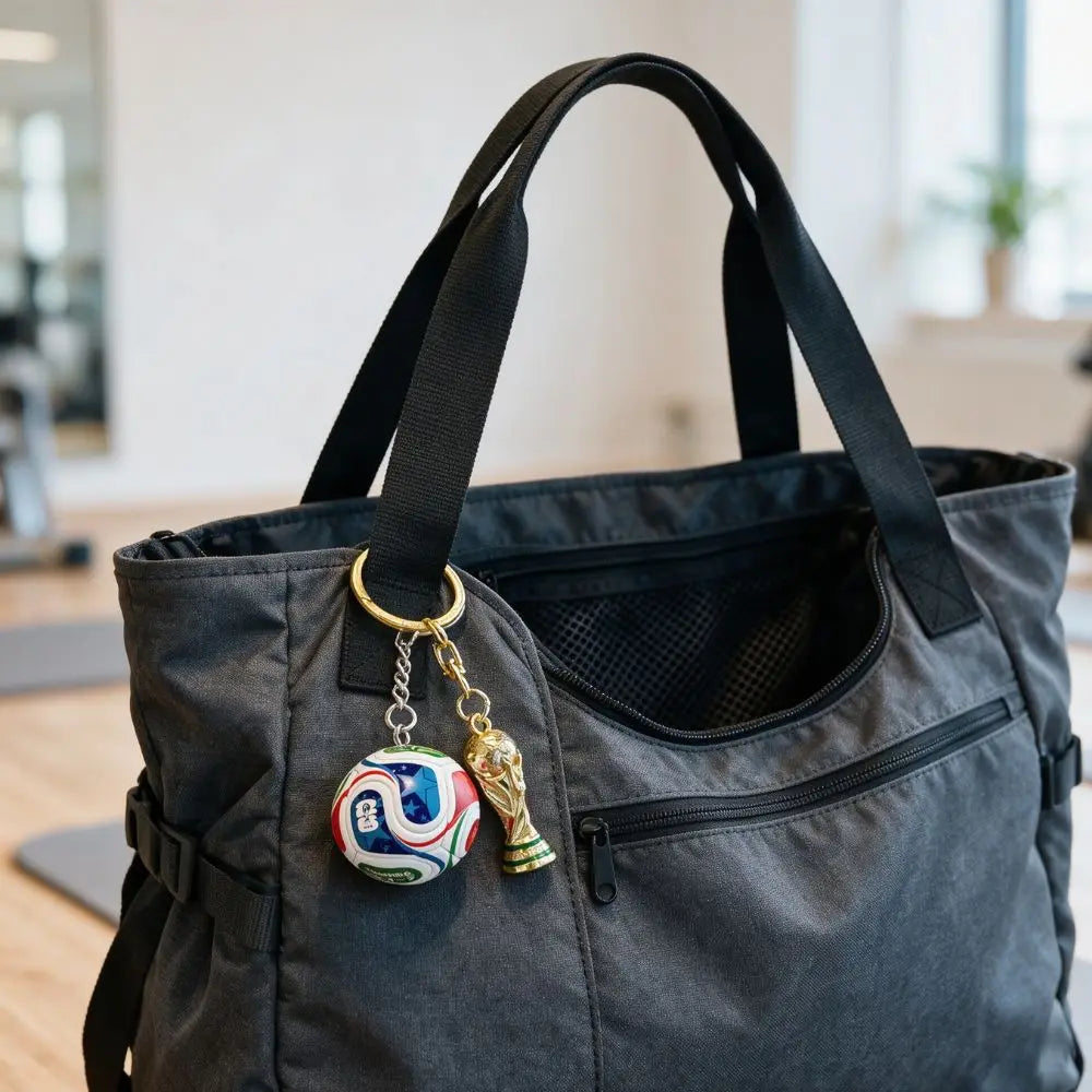 A dark gray fabric bag with a gold-colored FIFA trophy keychain attached to the zipper pull.