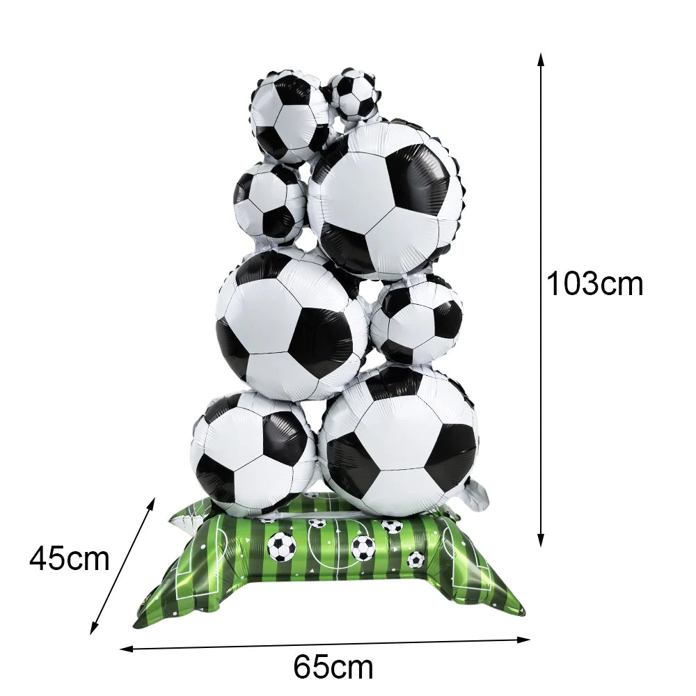 A stack of white soccer balloons used for party decoration, shown with dimensions.