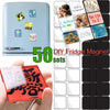 A collection of 50 DIY fridge magnet sets, including various designs and sizes, displayed next to a hand holding a red magnet