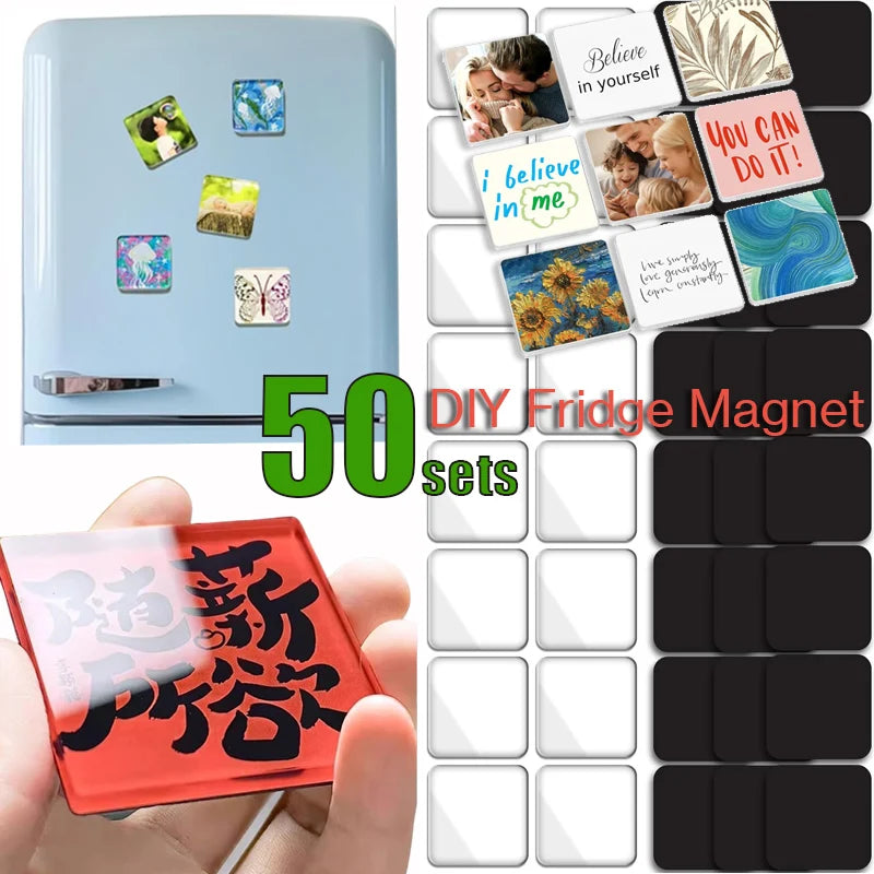 A collection of 50 DIY fridge magnet sets, including various designs and sizes, displayed next to a hand holding a red magnet
