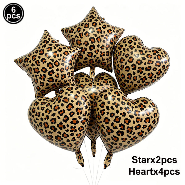 A set of six leopard print foil balloons, including four heart-shaped balloons and two star-shaped balloons.