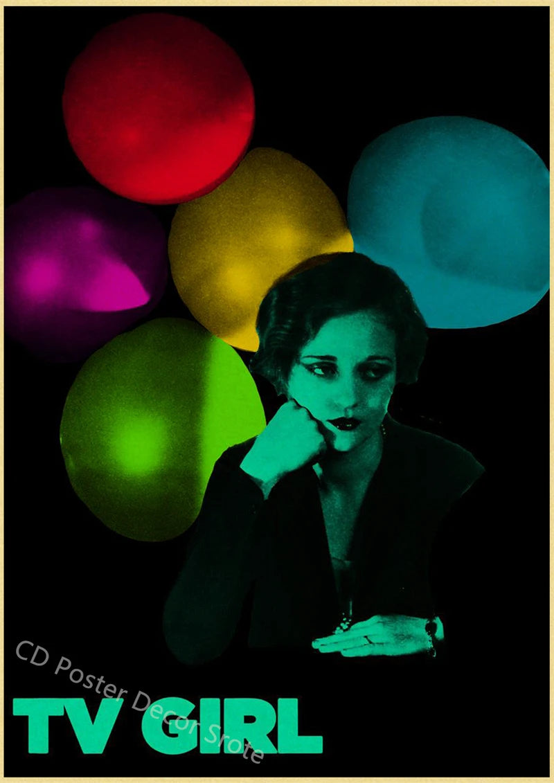 A vibrant poster featuring a woman's face surrounded by glowing, colorful spheres on a black background.