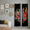 Vertical tapestry featuring a red and black Japanese Oni demon samurai sword design on a black background