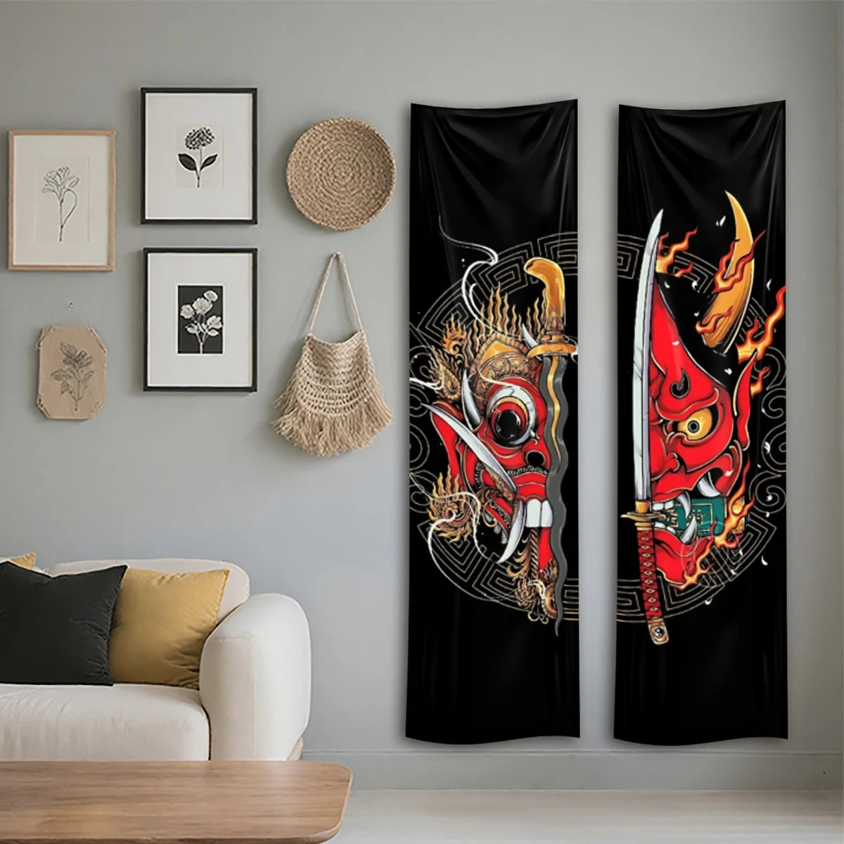 Vertical tapestry featuring a red and black Japanese Oni demon samurai sword design on a black background