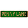 A rectangular green metal tin sign with the text PENNY LANE in gold lettering.