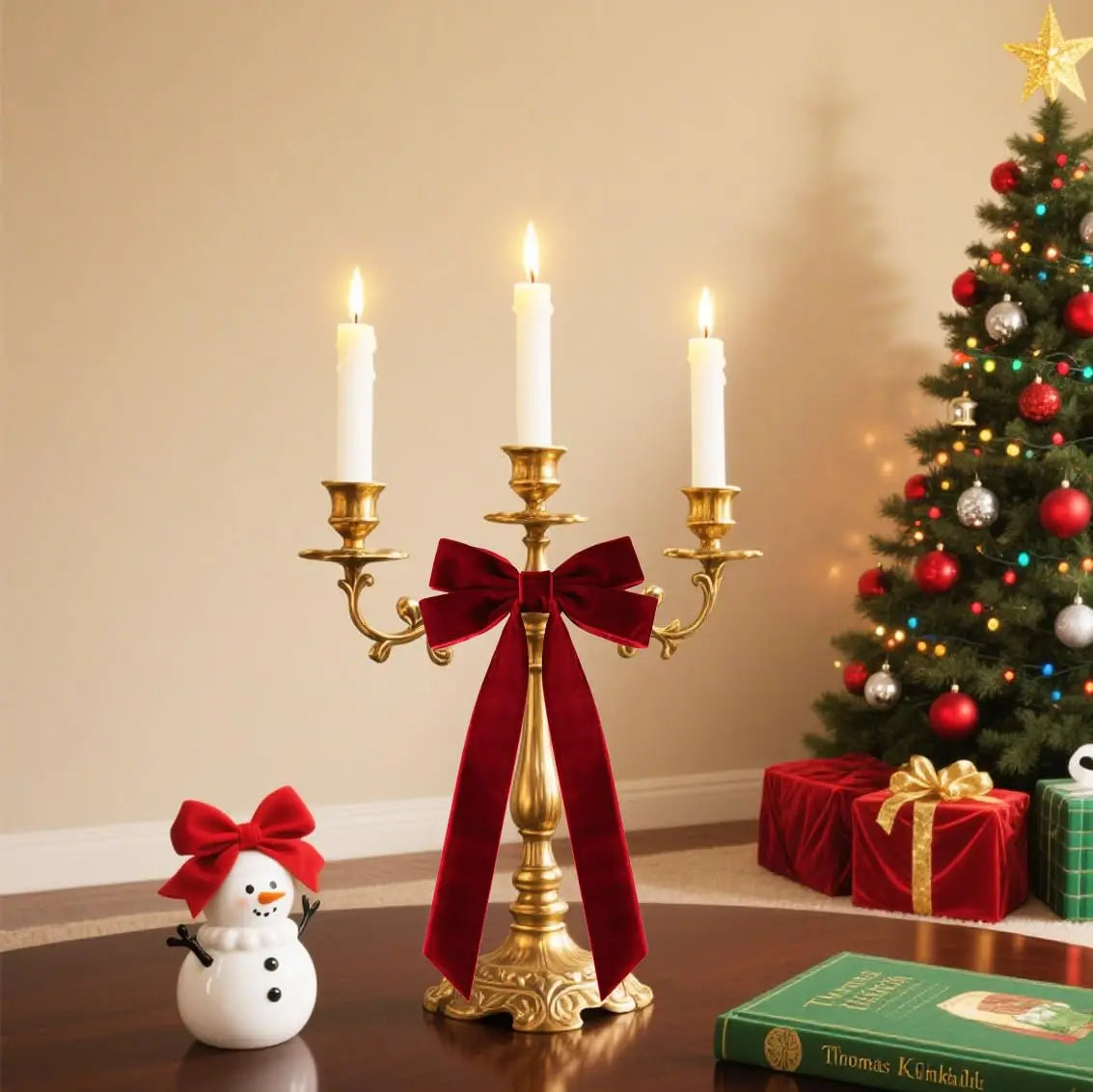 Gold candlestick holder with a red velvet bow and white candle next to a small snowman decoration.