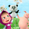A colorful illustration featuring a cute girl and a bear in a spring forest setting for a birthday party backdrop.