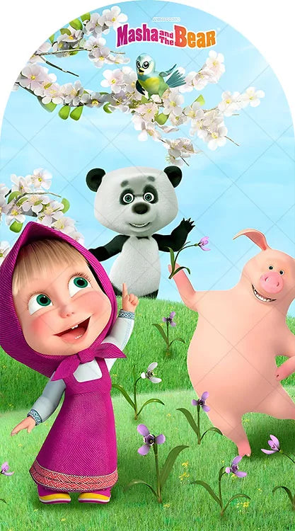 A colorful illustration featuring a cute girl and a bear in a spring forest setting for a birthday party backdrop.