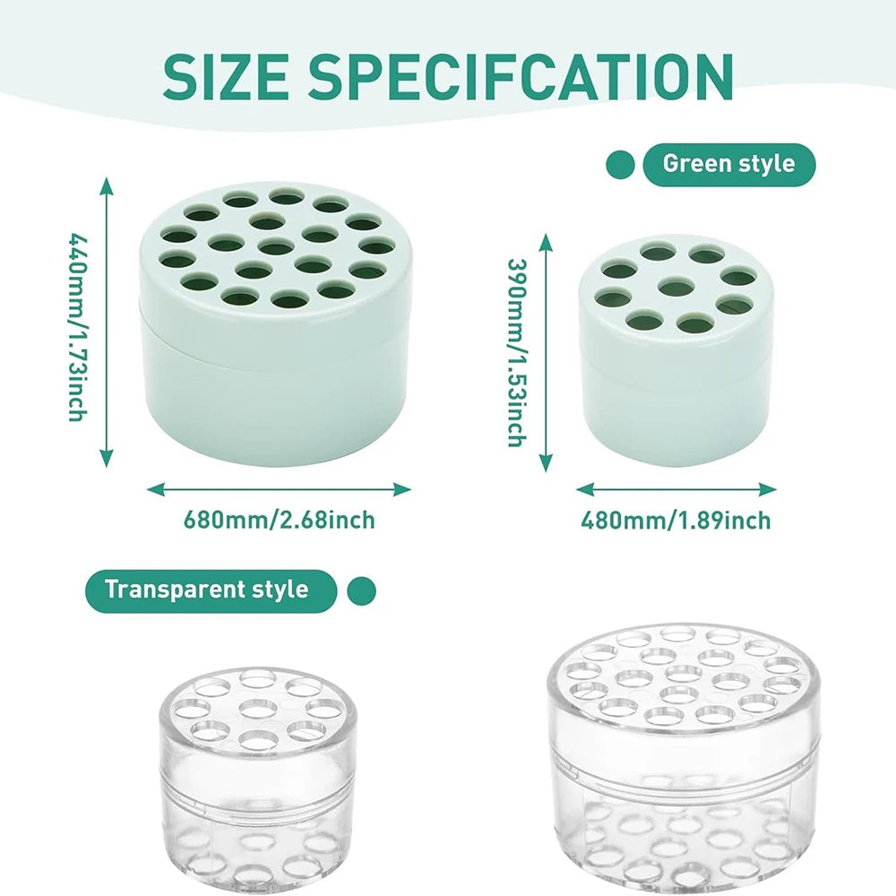 Two types of spiral stem holders are shown: a green style and a transparent style, both with multiple holes for floral arrang