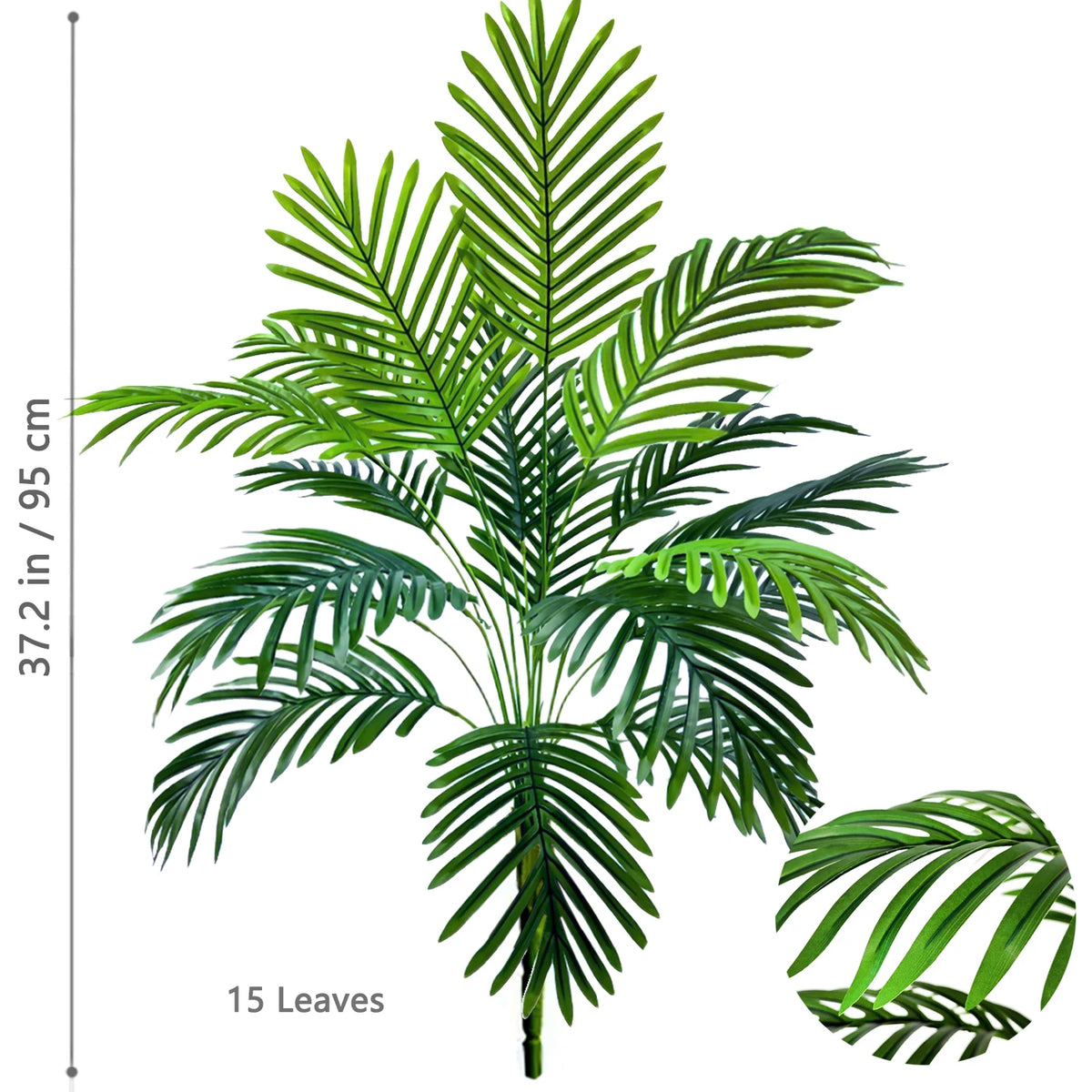 Realistic artificial palm tree featuring vibrant green silk leaves.