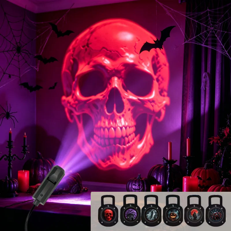 A set of Halloween LED projection lamps featuring skulls and pumpkins displayed against a dark background.