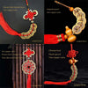 Antique copper five emperor coin pendant with Chinese knot and plum blossom design