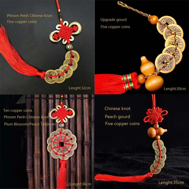 Antique copper five emperor coin pendant with Chinese knot and plum blossom design