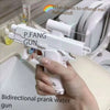 A hand holds a white P.FANG gun, a bidirectional prank water gun, in a bathroom setting.