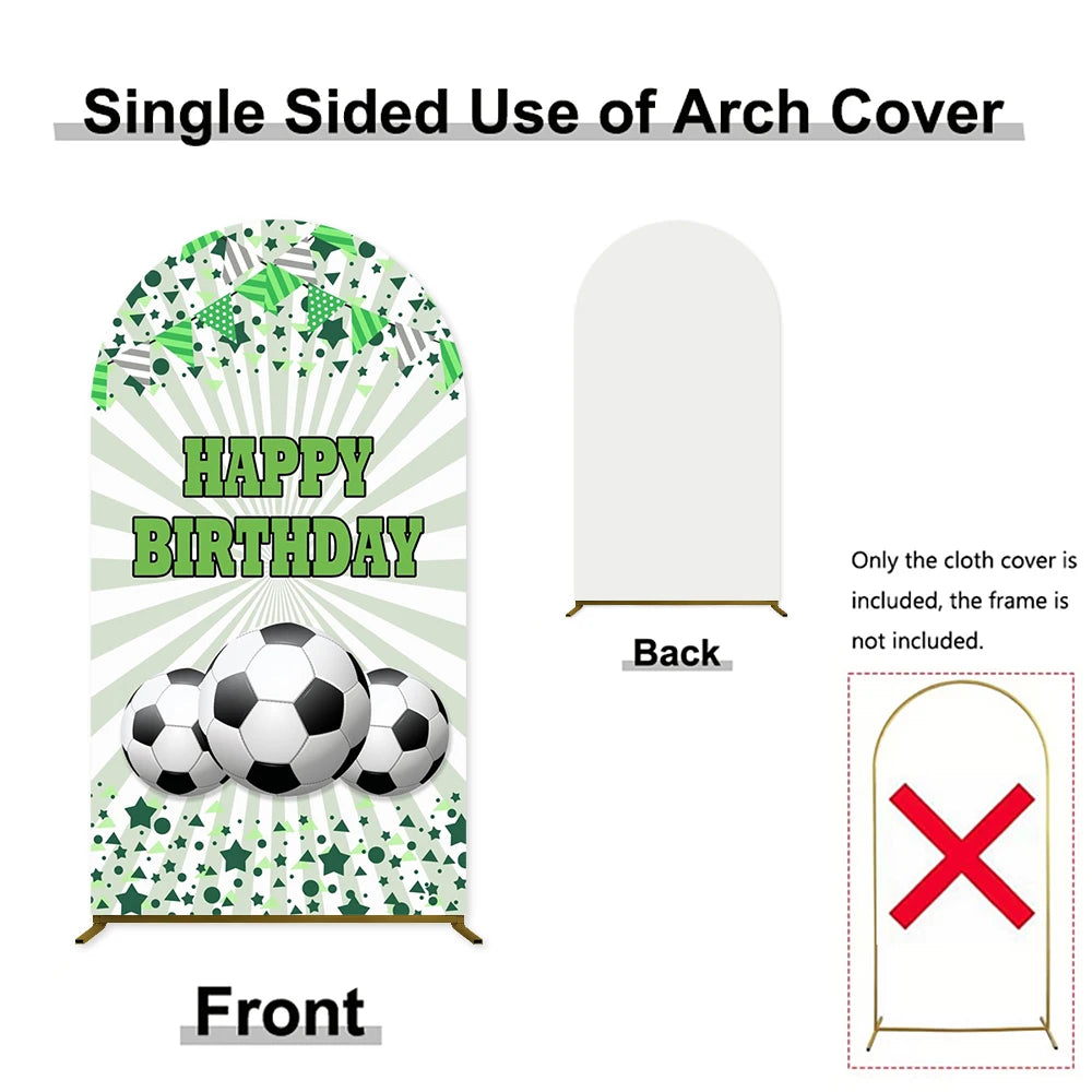 Single sided arch cover design featuring a happy birthday message and soccer ball motif for a party backdrop