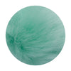 A spherical pom pom made of light teal faux fur with a silver chain.