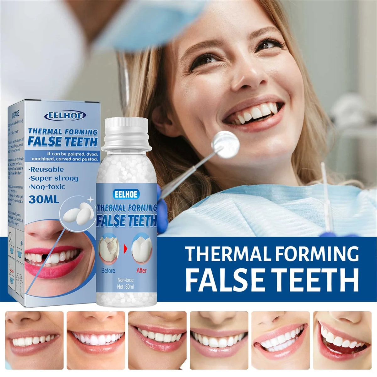 A woman smiles while using a thermal forming false teeth product kit for temporary tooth repair.