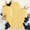 A golden sequin arch backdrop decorated with black and white spherical elements and dried grasses.