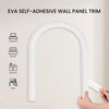 White self-adhesive EVA wall panel trim molding installed on a wall, shown in various room contexts.