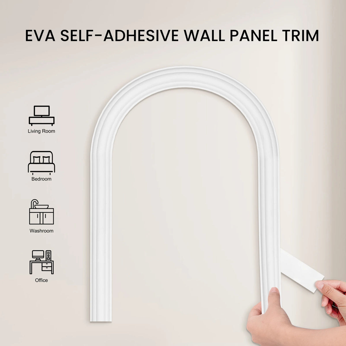 White self-adhesive EVA wall panel trim molding installed on a wall, shown in various room contexts.