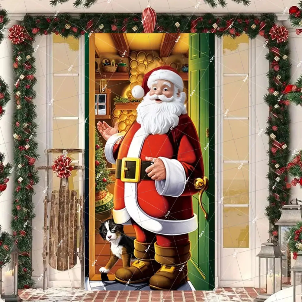 Christmas Santa and Elk Door Cover Banner featuring a jolly Santa Claus with a dog in a festive doorway display