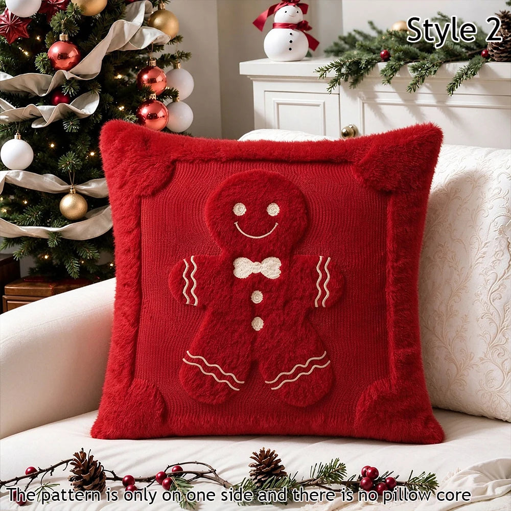 A red fuzzy Christmas pillow cover featuring a white embroidered candy cane design.