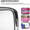 A clear waterproof toiletry bag with a zipper showing various cosmetic and small items inside.