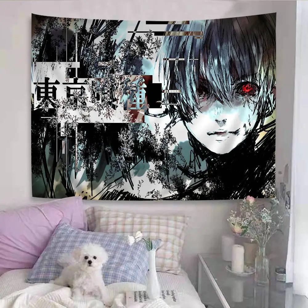 A large tapestry featuring a dark, stylized anime character with blue hair and red eyes against a black and white background.