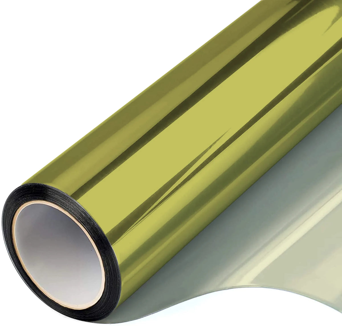 Roll of olive green privacy window film showing the rolled edge and a section of the material.