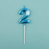 A blue number two candle with a white stick against a light teal background.