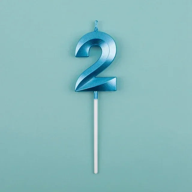 A blue number two candle with a white stick against a light teal background.