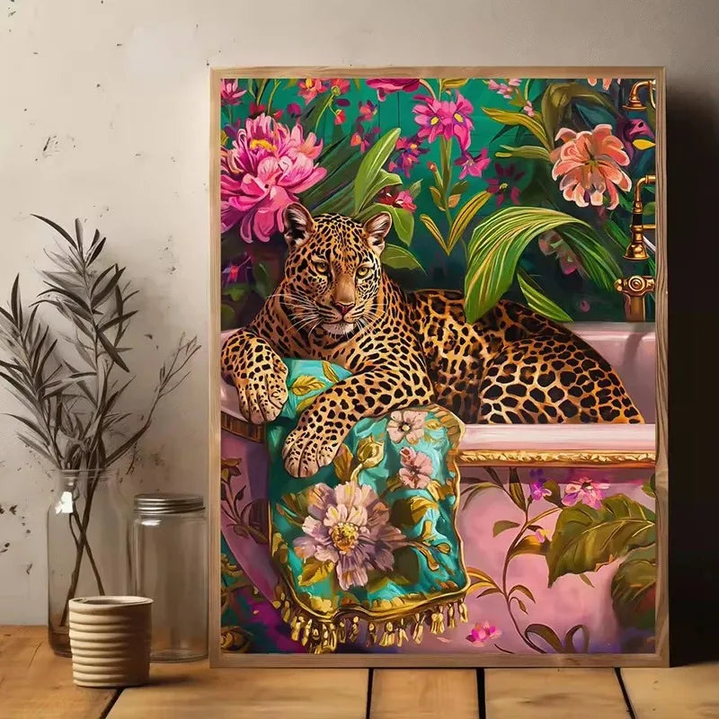 A canvas print featuring a leopard portrait amidst vibrant pink and green floral patterns.