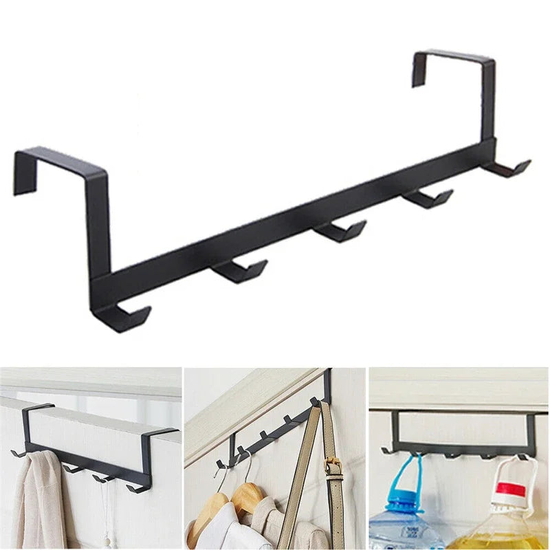 Black iron door and wall organizer rack with five hooks for hanging items
