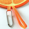 Orange foldable hand fan with a round fruit design and a silver chain strap.