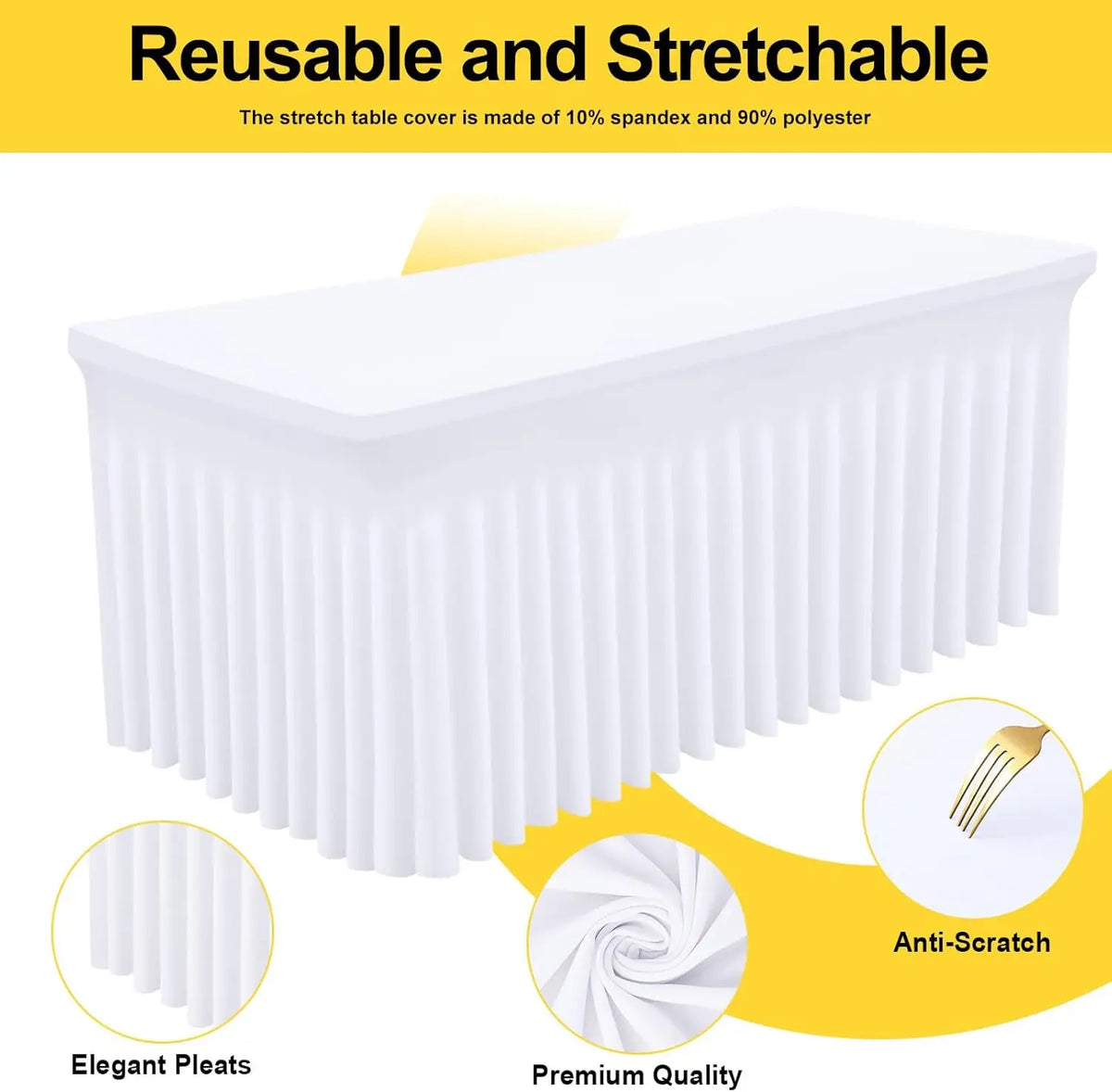 White stretchable table cover with elegant pleats and anti-scratch finish