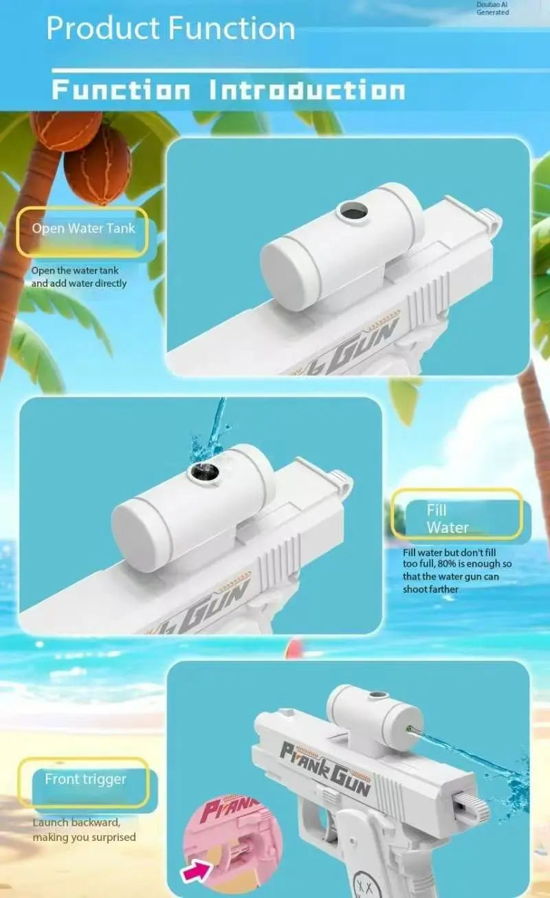A white water gun is shown with a front trigger, demonstrating its function for filling and shooting water.
