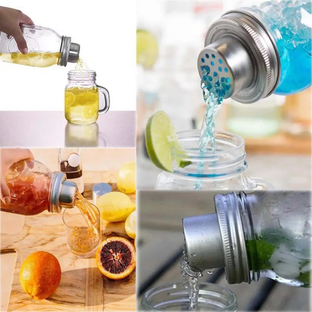 Stainless steel shaker lid pouring liquid into a glass for seasoning and cocktails