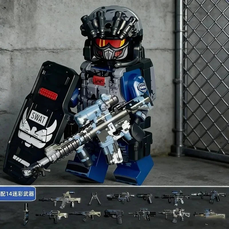 A detailed SWAT miniature figure in full gear is displayed against a gray concrete background with a metal grate.