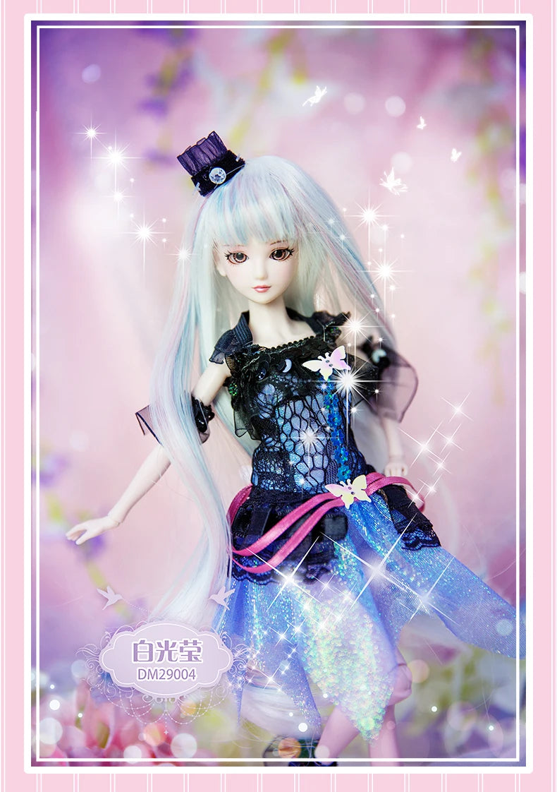 A light blue-haired doll dressed in a dark and blue outfit with sparkling effects against a pink background.