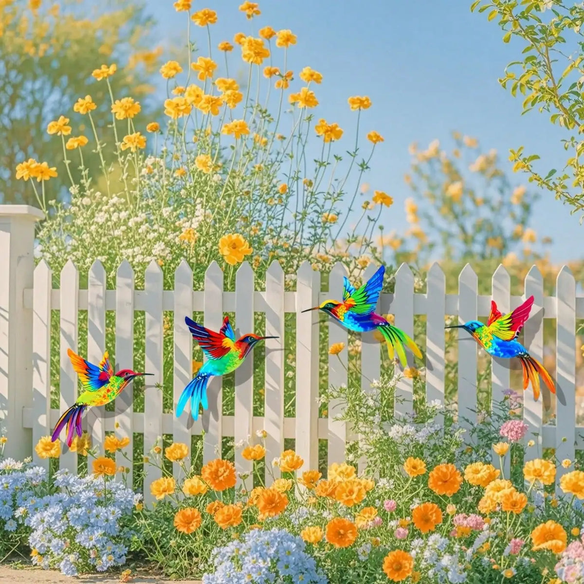 Colorful metal hummingbird wall art featuring vibrant iridescent colors set against a sunny garden backdrop.