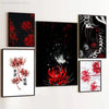A collection of nine framed black and red art prints featuring stylized red spider lilies and floral designs.