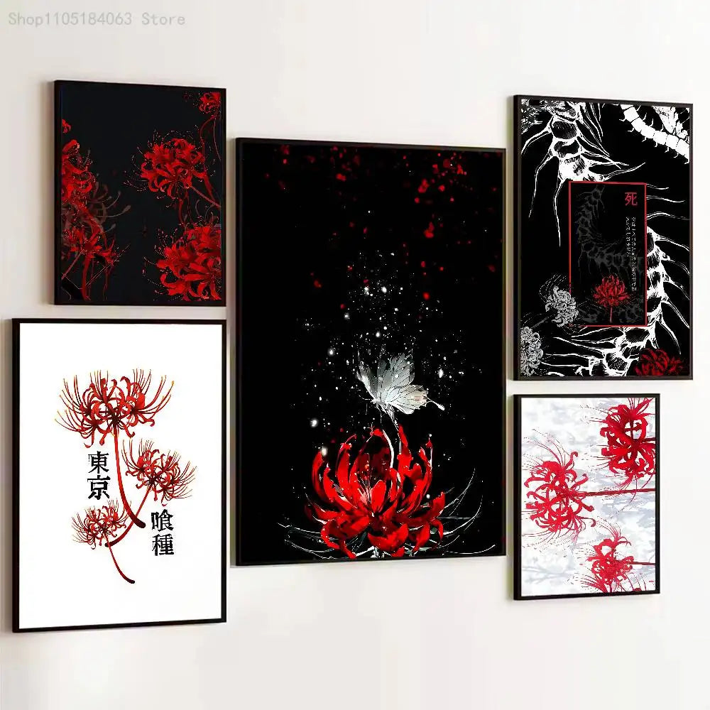 A collection of nine framed black and red art prints featuring stylized red spider lilies and floral designs.