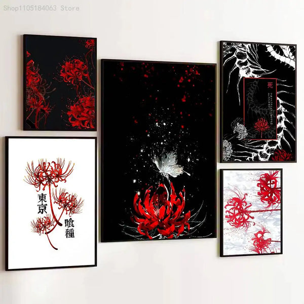 A collection of nine framed black and red art prints featuring stylized red spider lilies and floral designs.