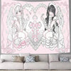 Tapiz de arte lineal delicado con dos chicas anime aladas de cabello rosa y ropa detallada.