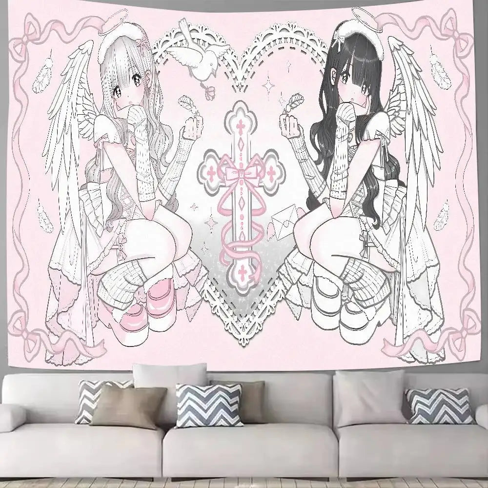 Tapiz de arte lineal delicado con dos chicas anime aladas de cabello rosa y ropa detallada.