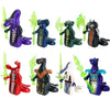 A collection of golden ninja building block figures in various colors and poses.